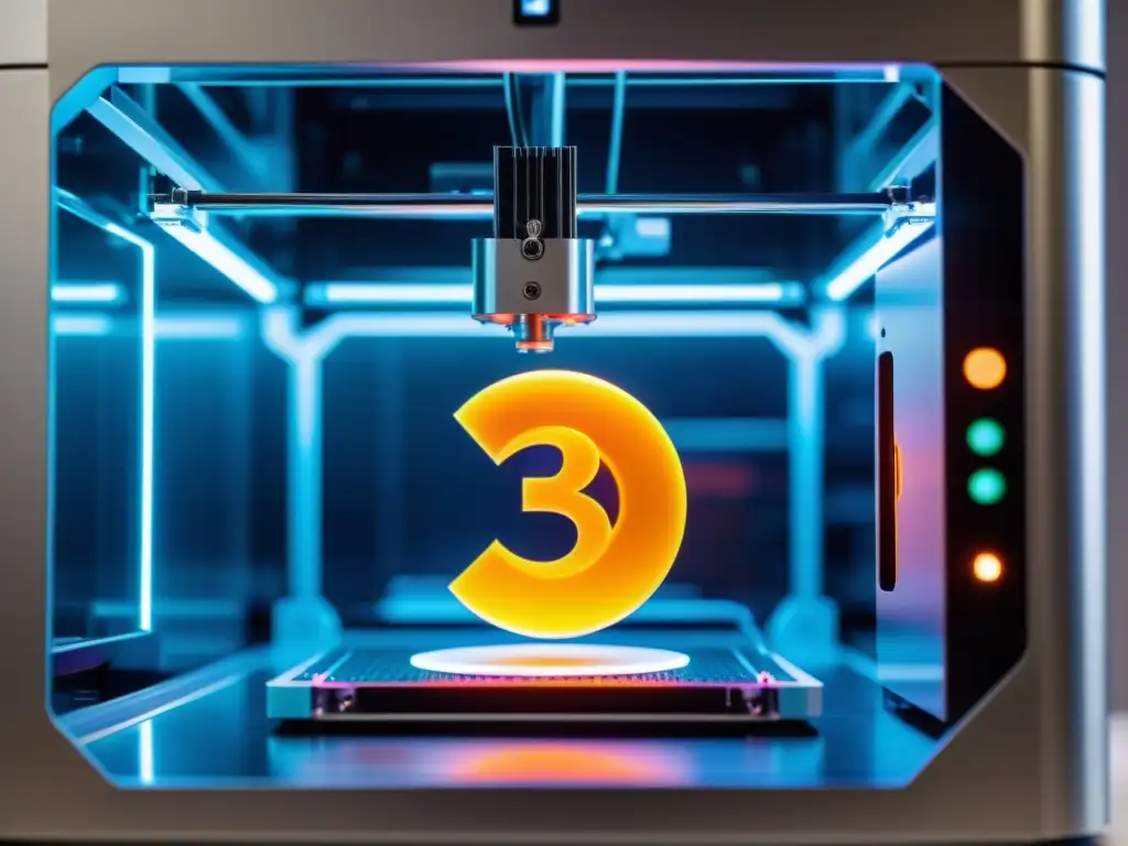 Una impresora 3D de alta tecnología en acción, con luces LED brillantes iluminando el proceso de impresión