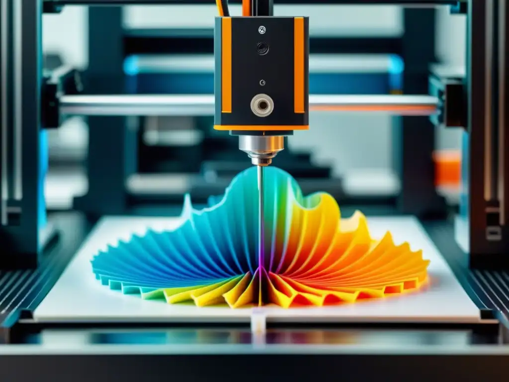 Impresora 3D de alta resolución en acción Una impresora 3D moderna en acción, mostrando detalles intrincados del proceso de impresión con colores vibrantes y precisión