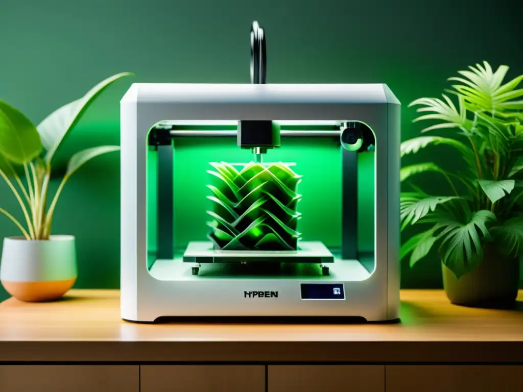 Una impresora 3D moderna en un espacio minimalista, rodeada de plantas verdes, produciendo un diseño complejo con precisión