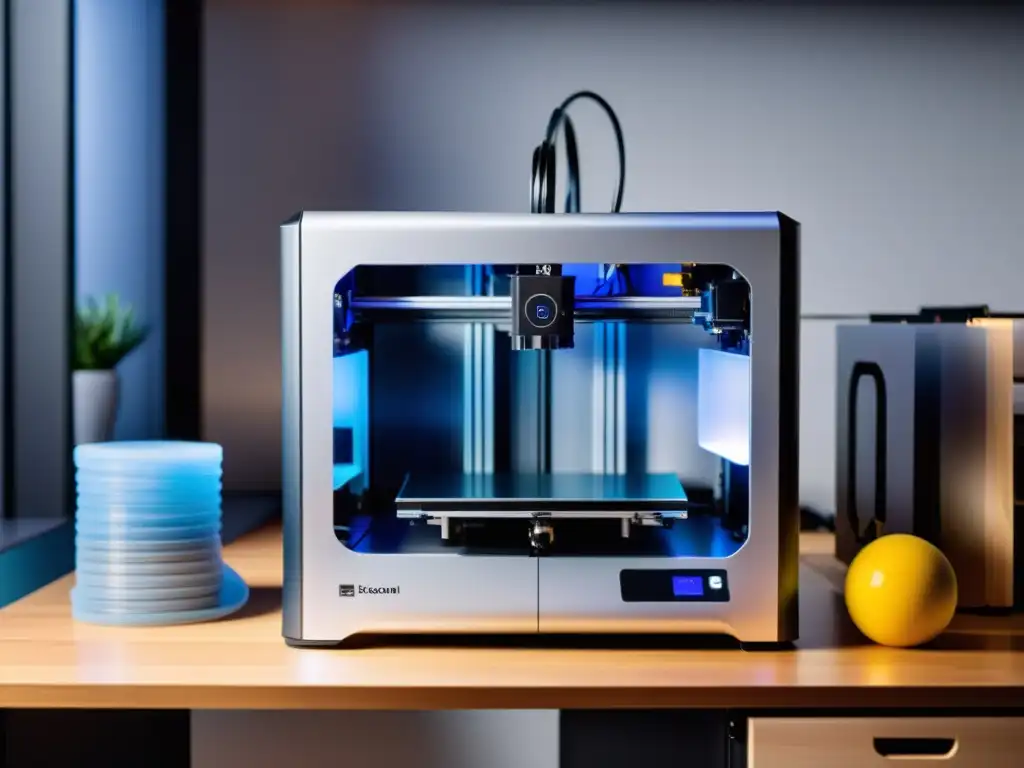 Impresoras 3D Open Source vs Comerciales: Una impresora 3D de diseño moderno en un entorno profesional, rodeada de prototipos y productos terminados, iluminada con suave luz ambiental, mostrando su avanzada tecnología en un espacio de trabajo minimalista y eficiente
