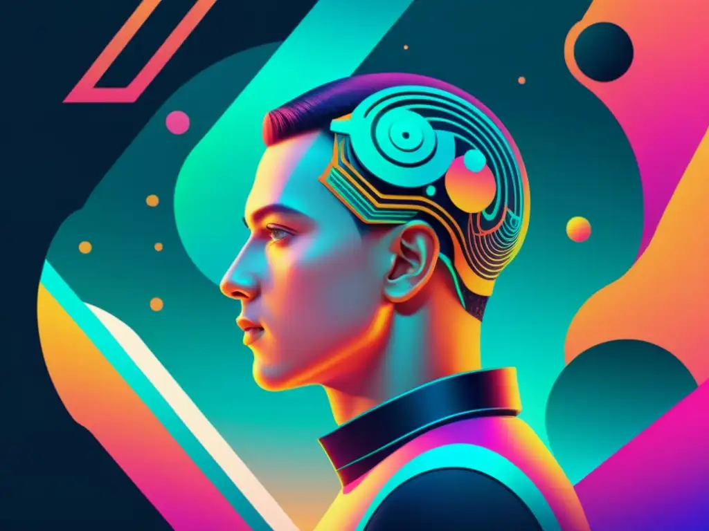 Increíble obra de arte digital que destaca la influencia de la IA Open Source en la Industria Creativa, con colores vibrantes y detalles intrincados