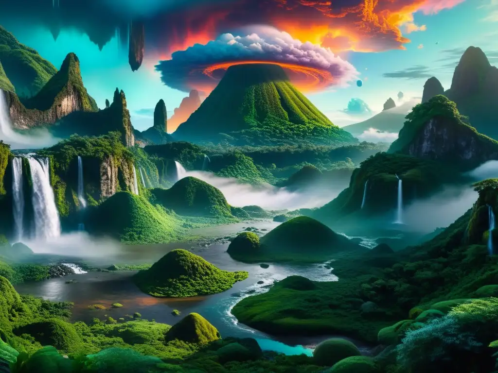 Increíble paisaje alienígena con técnicas de matte painting software código abierto, colores surrealistas y detallada textura