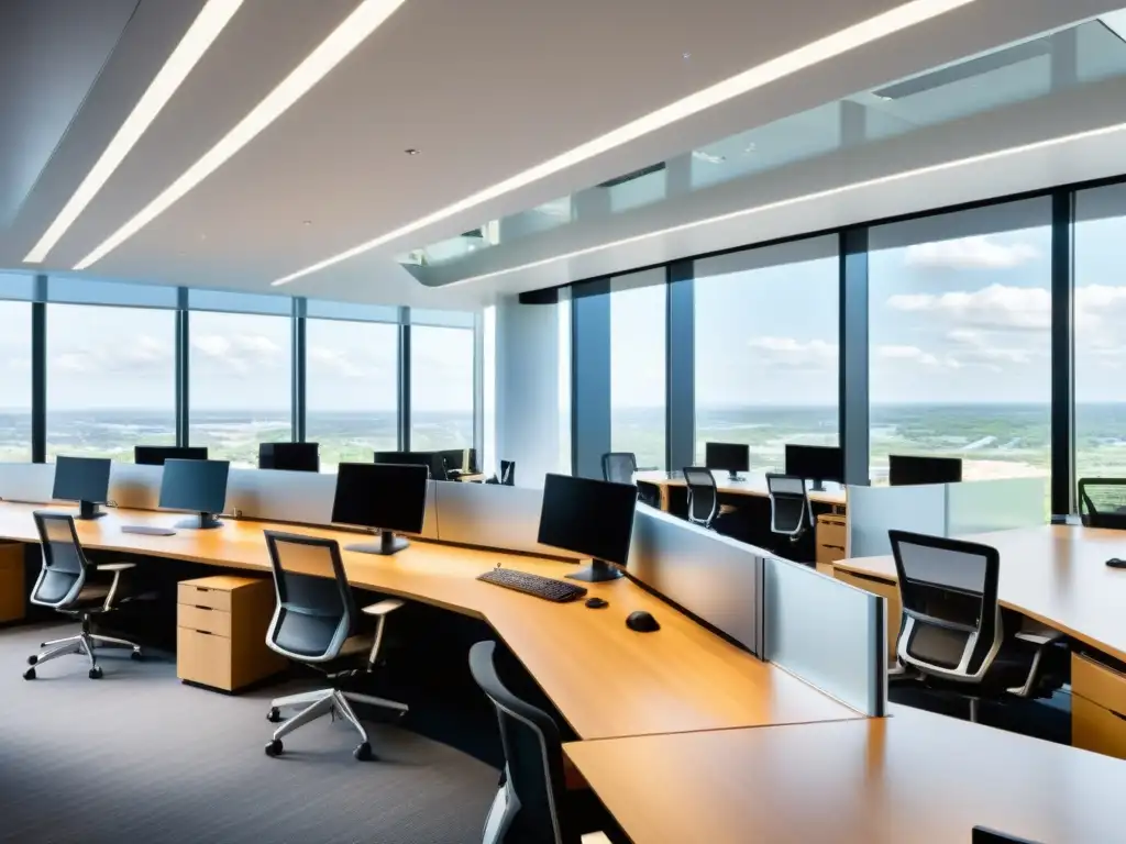 Influencia del Cloud Computing de código abierto en el teletrabajo: Oficina moderna y luminosa con tecnología avanzada y colaboración innovadora