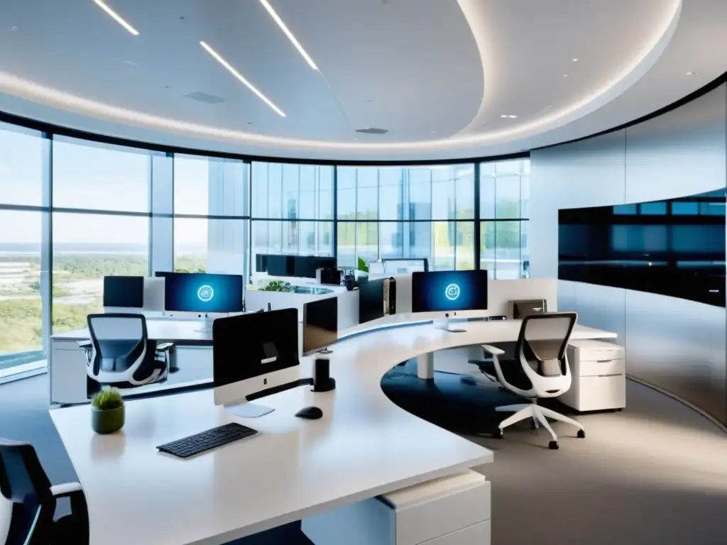 Influencia del Cloud Computing de código abierto en el teletrabajo: Oficina futurista con tecnología de vanguardia y colaboración virtual