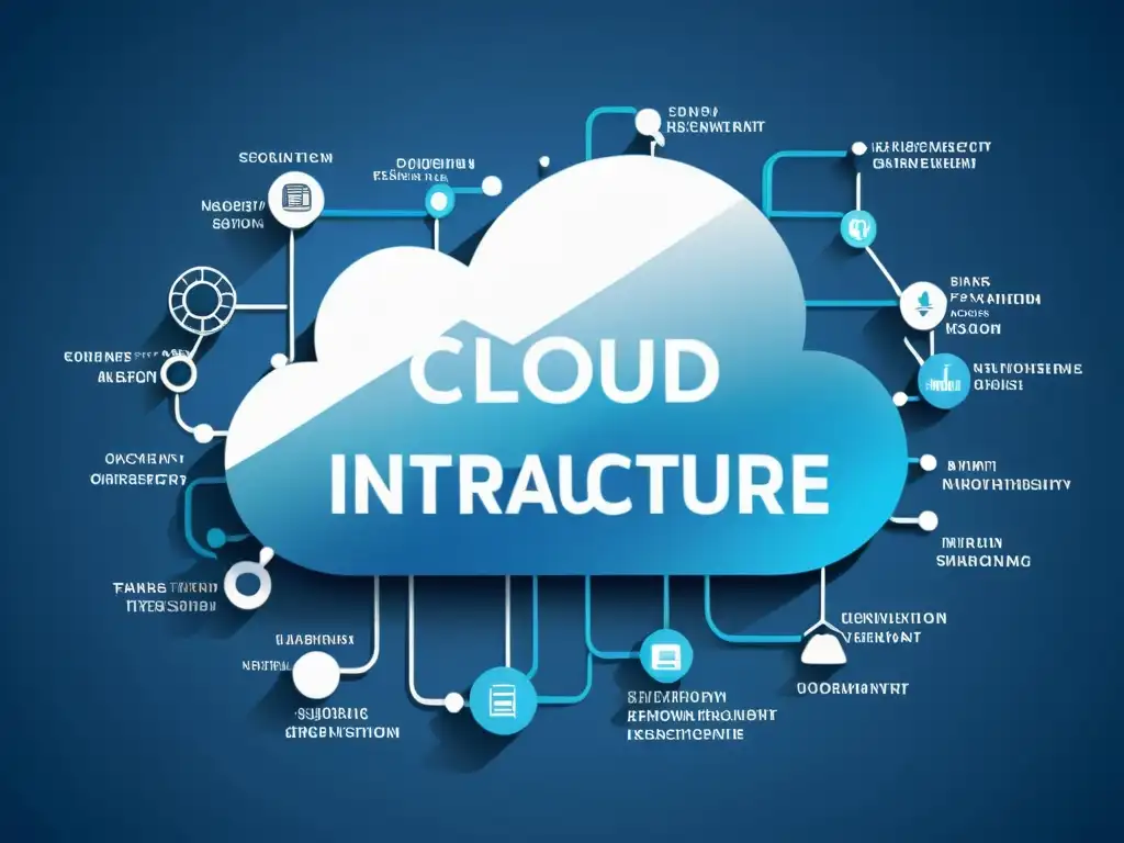 Una infraestructura en la nube con nodos interconectados y líneas de datos fluyendo entre ellos, en tonos azules y blancos