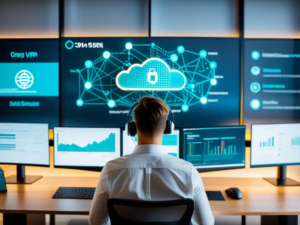 Un ingeniero de seguridad de redes configura una integración VPN Open Source en una interfaz elegante, mostrando experiencia tecnológica avanzada