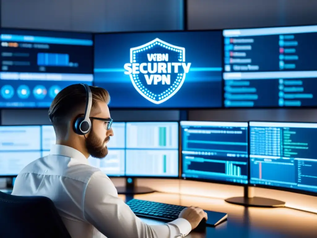 Un ingeniero en seguridad de redes configura VPNs Open Source para interconectividad segura en un entorno profesional y tecnológicamente avanzado