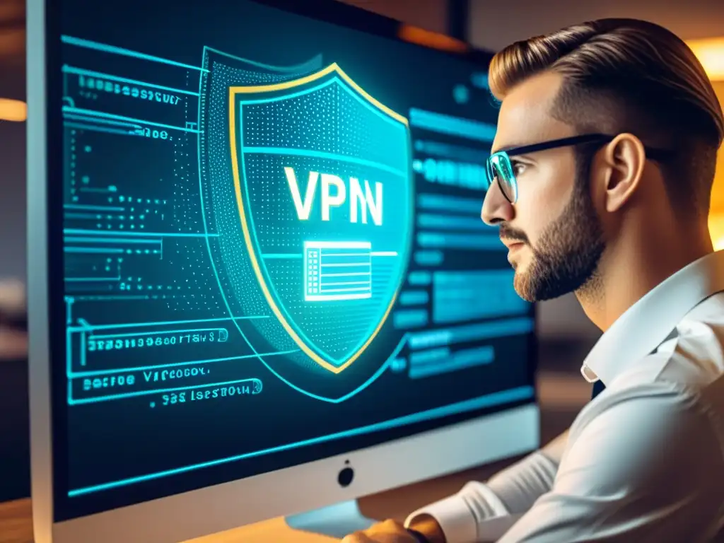 Un ingeniero en seguridad de redes configura una conexión VPN segura en una interfaz moderna con líneas de código y diagramas de red