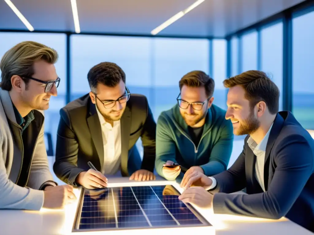 Ingenieros y desarrolladores colaboran en un proyecto de tecnología de paneles solares en un laboratorio moderno y luminoso, utilizando tecnologías de código abierto para startups de energía renovable