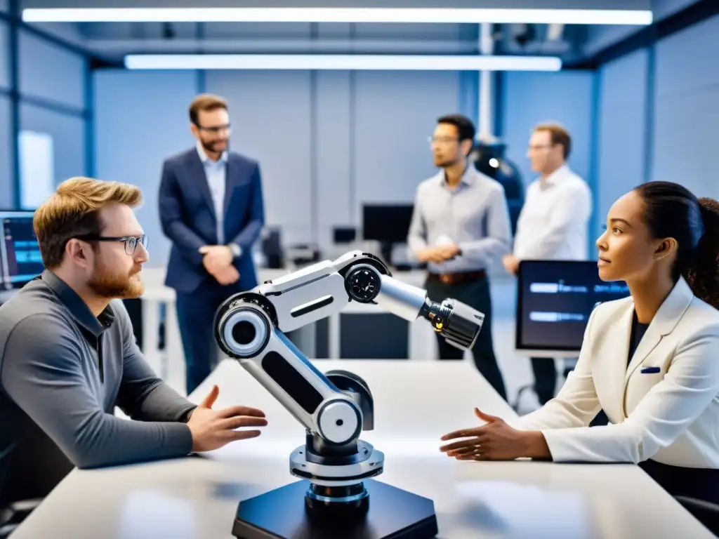 Ingenieros colaborando en laboratorio de robótica de vanguardia, trabajando en un prototipo de robot futurista