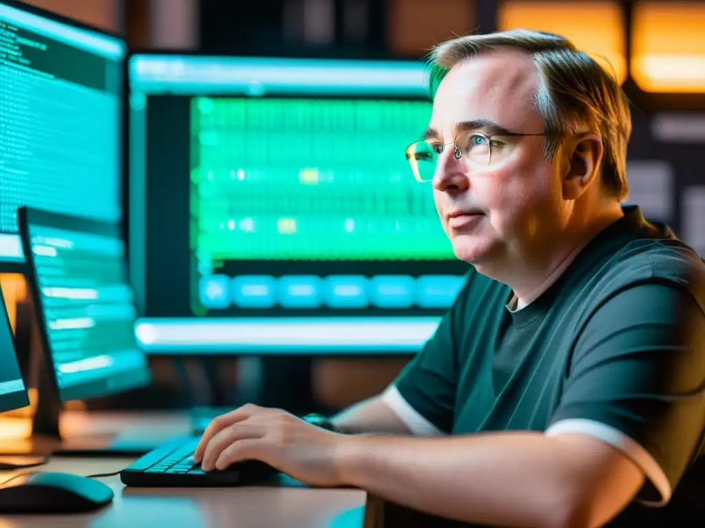 'Linus Torvalds inmerso en código abierto, hitos importantes en el software de código abierto'