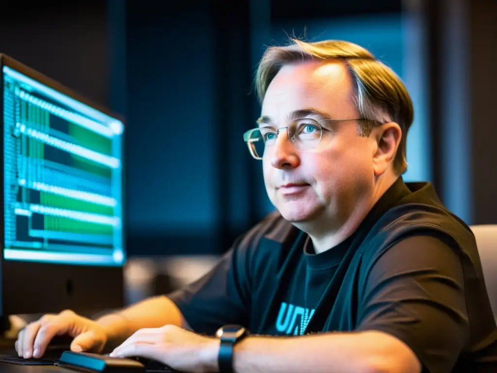 Linus Torvalds inmerso en la creación de Linux, con determinación y enfoque