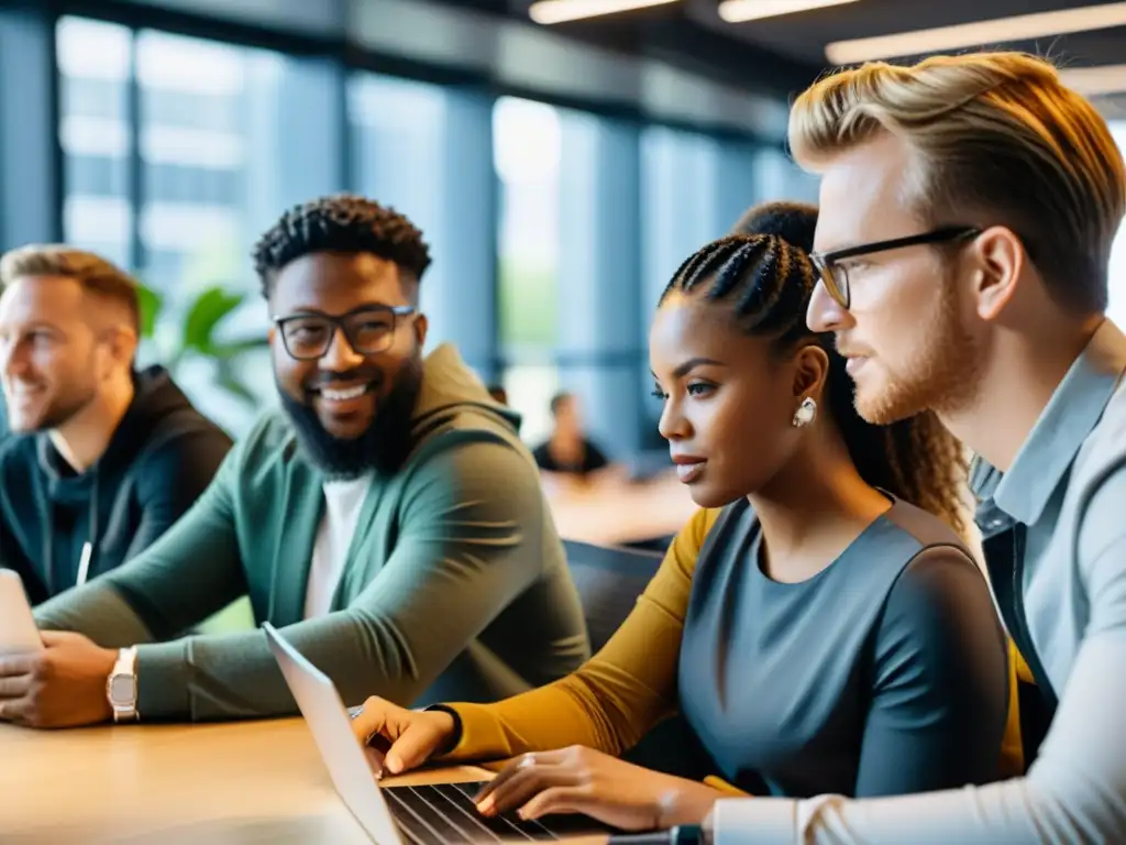 Innovaciones en software de código abierto: Equipo diverso de desarrolladores colaborando en un espacio moderno, lleno de luz natural y tecnología de vanguardia