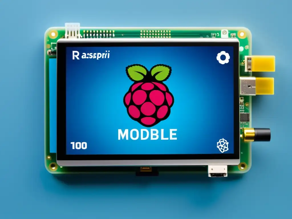 Un innovador proyecto con Raspbian mobile para Raspberry Pi en una pantalla táctil moderna, rodeado de componentes electrónicos futuristas