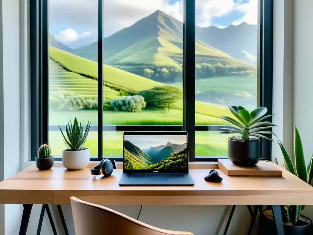 Inspirador entorno de teletrabajo con influencia del Cloud Computing de código abierto, integrando naturaleza y productividad serena
