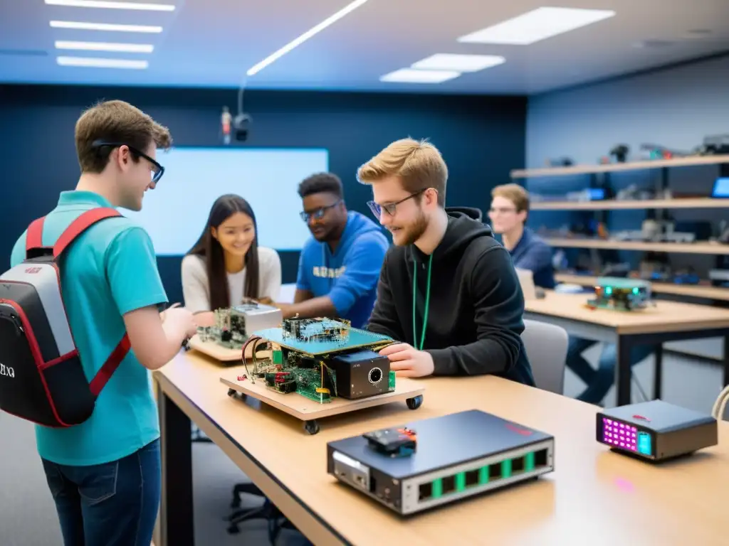 Inspirador laboratorio de robótica con estudiantes colaborando en proyectos de robótica con Arduino y Raspberry Pi, rodeados de tecnología futurista