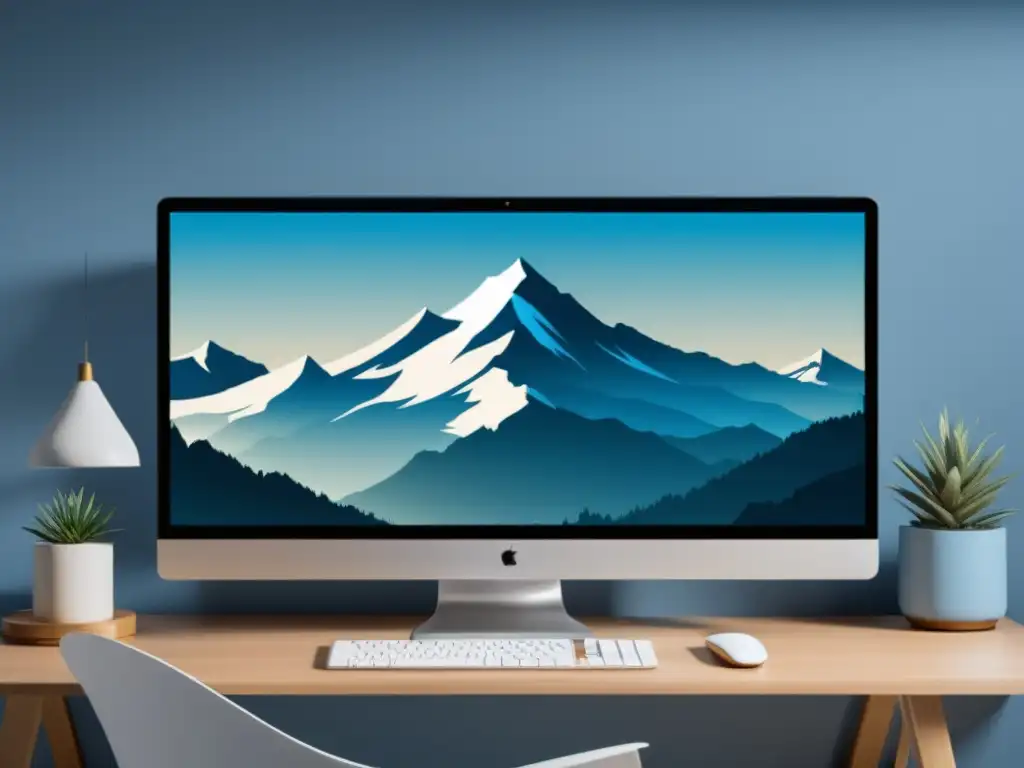 Instalación de entornos gráficos en BSD: Escritorio minimalista con monitor ultrapanorámico y paisaje montañoso de fondo, transmitiendo serenidad y funcionalidad