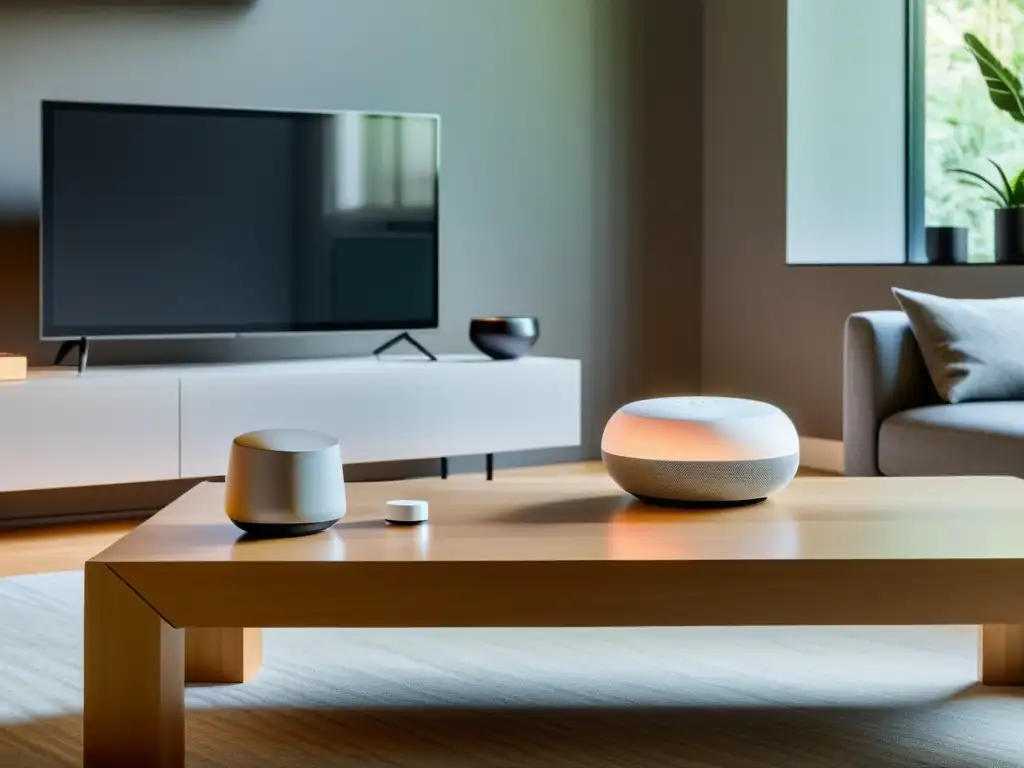 Integración de Alexa y Google Home en domótica open source: Sala moderna con dispositivos controlando el ambiente y entretenimiento