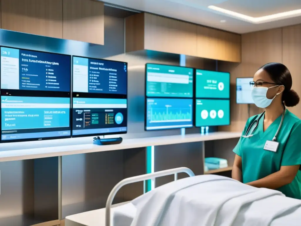 Integración de IA en software médico de código abierto: sala de hospital moderna con tecnología AI y ambiente futurista calmado