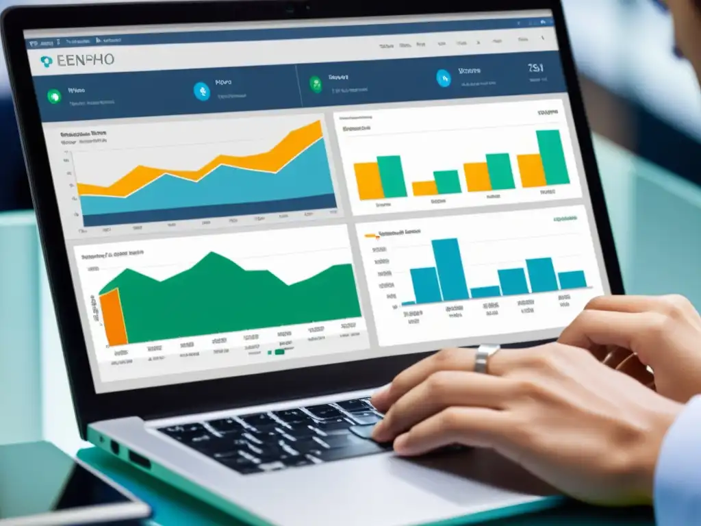 Usando Pentaho para inteligencia de negocio: manos analizan datos en laptop con dashboards interactivos y gráficos coloridos