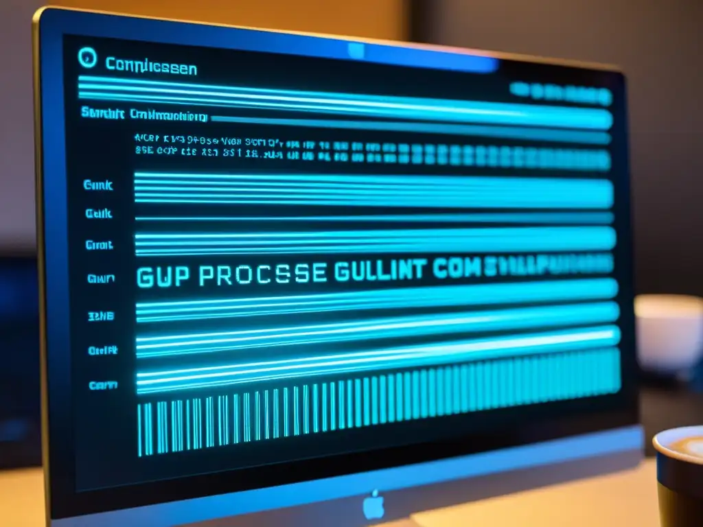 Intensa comparativa Grunt vs Gulp en pantalla de ordenador, con detalles de código y moderno espacio de trabajo iluminado