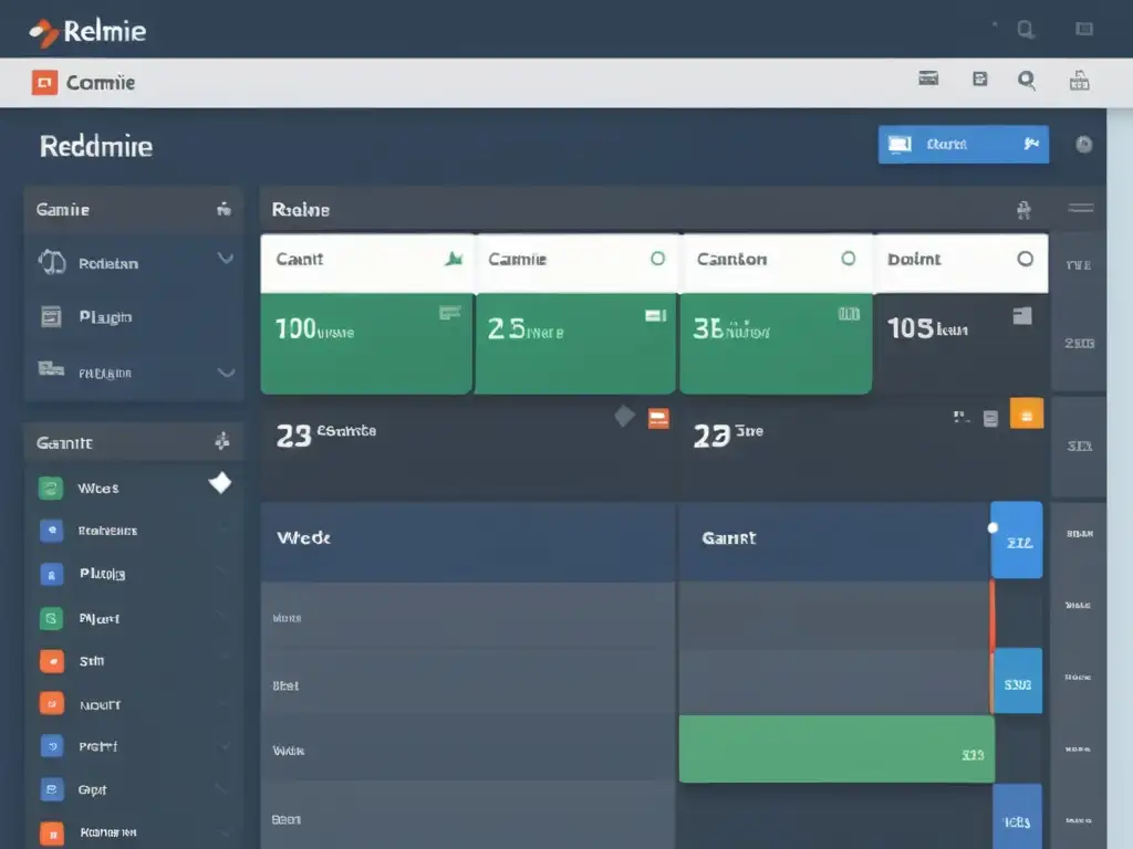 Interface de Redmine empresarial con widgets personalizables, tema oscuro y gráfico de Gantt interactivo