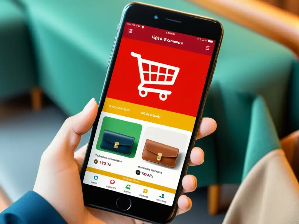 Interfaz de app ecommerce móvil moderna y elegante con colores vibrantes y navegación intuitiva