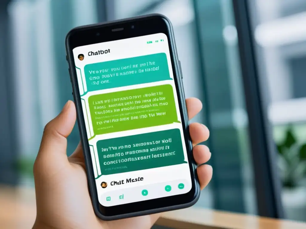 Interfaz de chatbot moderna en smartphone, mejora experiencia usuario con chatbots en entorno profesional