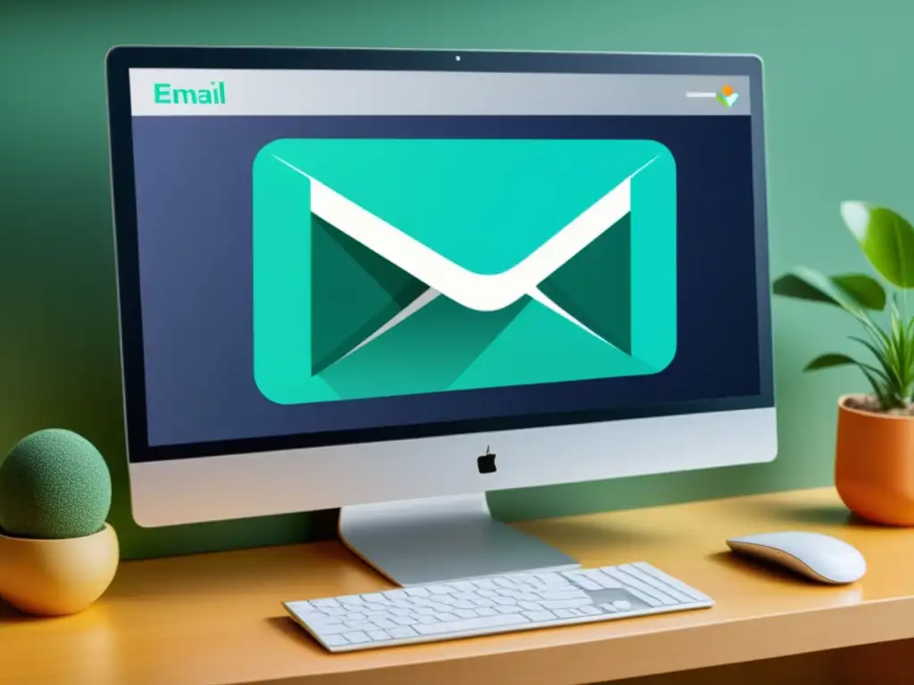 Interfaz de cliente de email de código abierto innovadora con gráficos vibrantes y funcionalidades avanzadas, en un monitor moderno