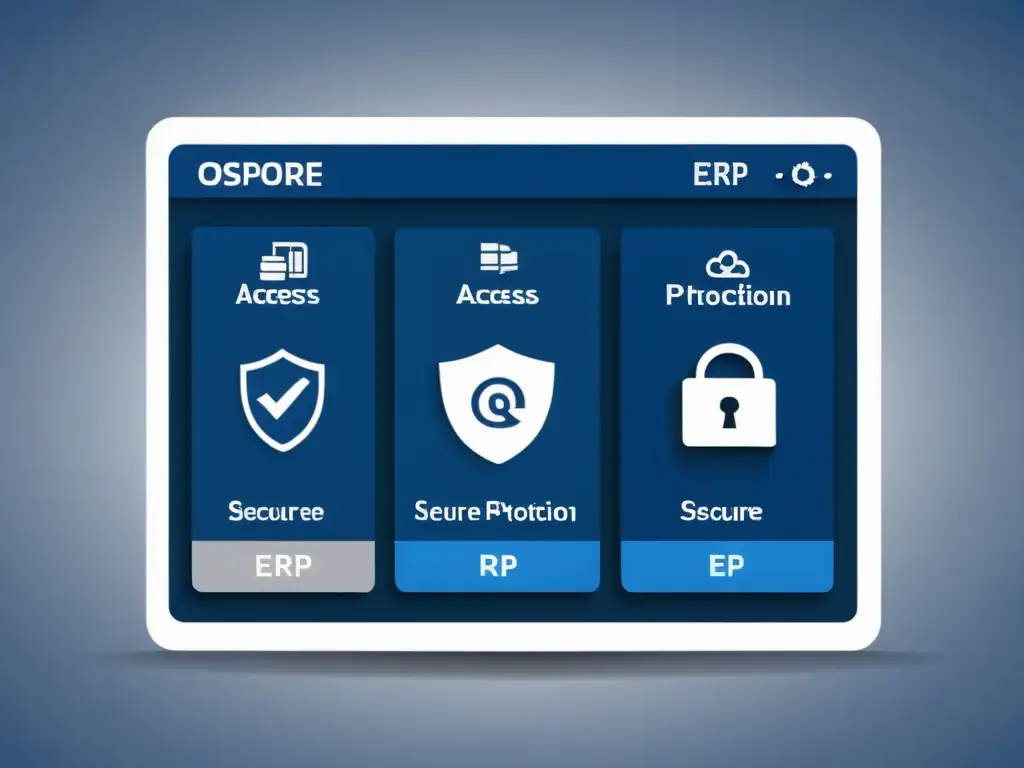 Interfaz de ERP de código abierto con seguridad avanzada, en tonos de azul y plata, transmitiendo confianza y profesionalismo