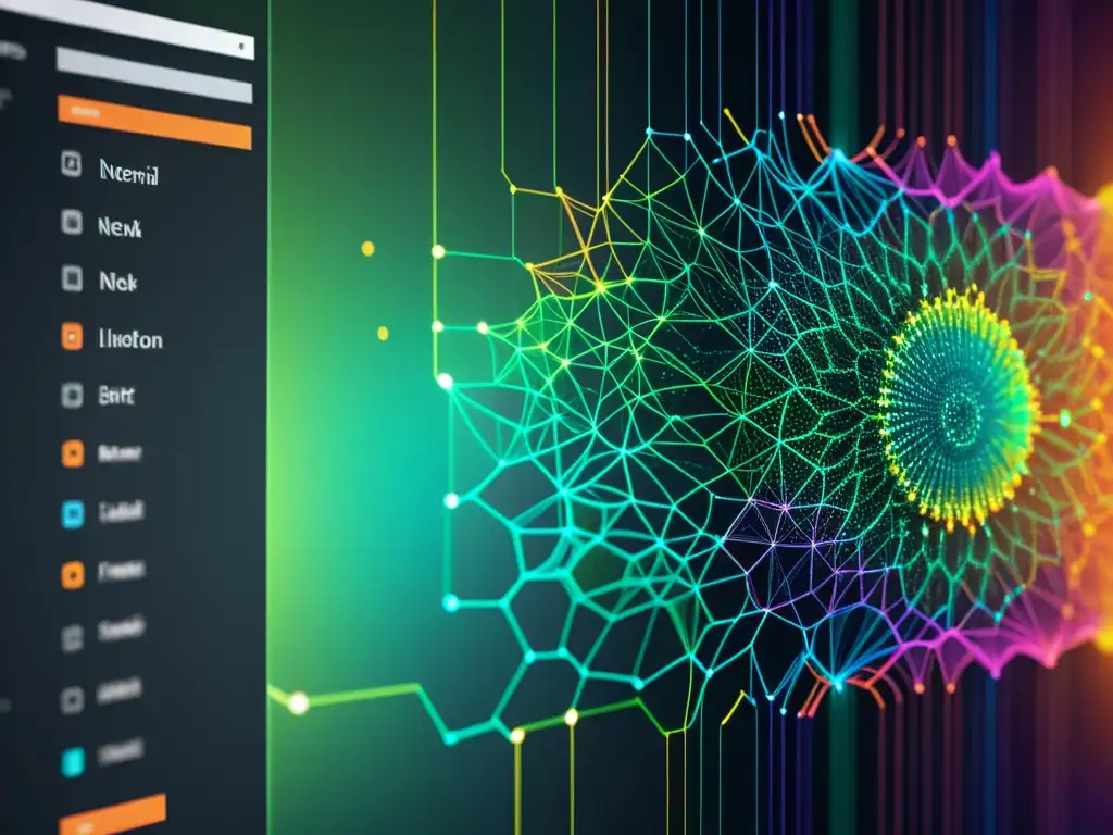 Interfaz futurista de redes neuronales: Visualización dinámica de datos Interfaz de computadora futurista con bibliotecas de código abierto para redes neuronales eficientes, algoritmos y visualizaciones de datos
