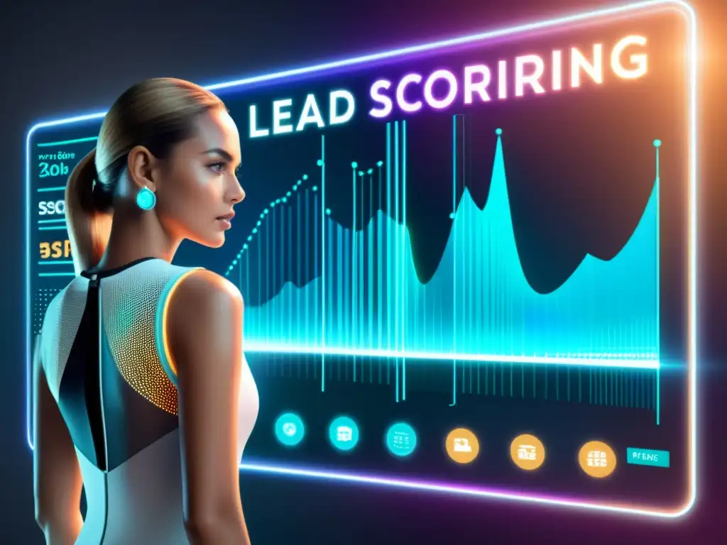 Interfaz digital futurista muestra algoritmo de lead scoring con software libre, visualizaciones de datos coloridas y diseño moderno