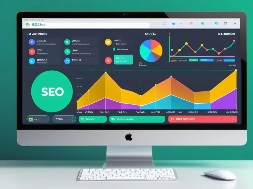 Interfaz digital moderna y elegante con herramientas de SEO open source en acción, gráficos coloridos y líneas de código