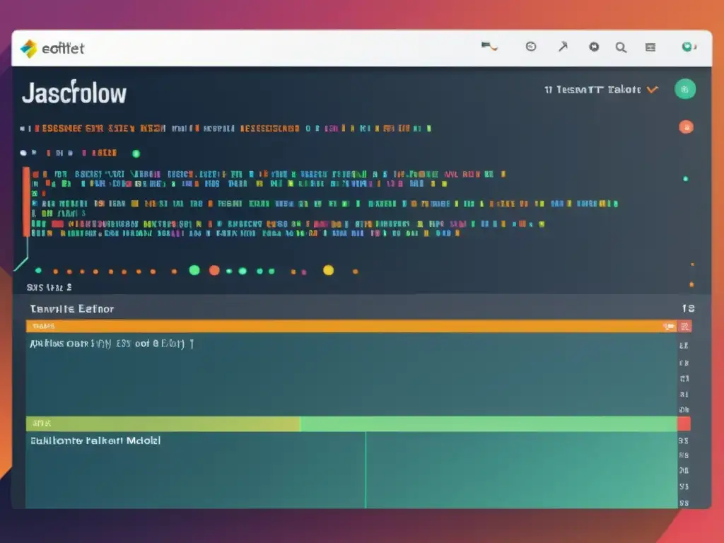 Una interfaz de edición de código JavaScript moderna y elegante con resaltado de sintaxis vibrante, mostrando un fragmento de código de TensorFlow