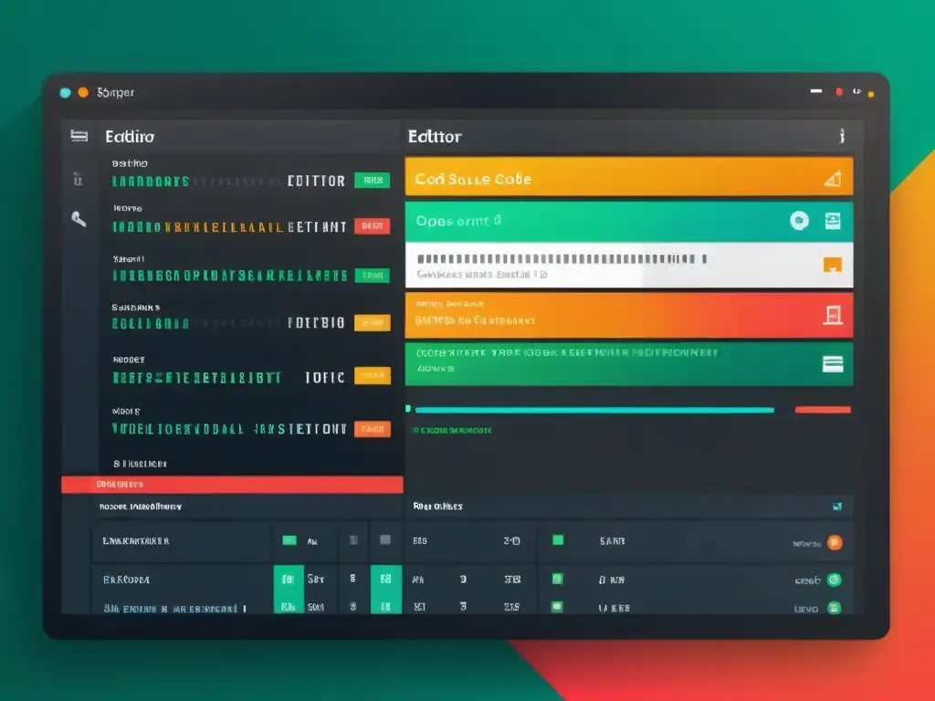 Interfaz de editor de código abierto moderno y elegante, con colores vibrantes y tipografía nítida, mostrando la versatilidad y el atractivo profesional de las herramientas open source desarrollo frontend