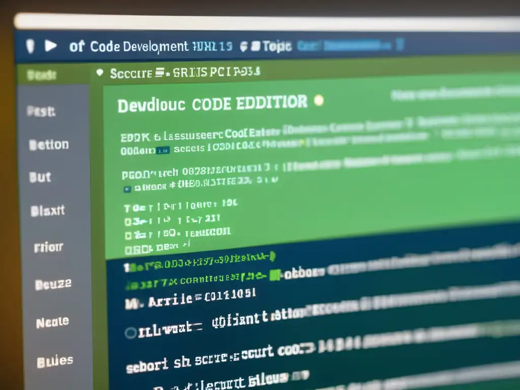 Interfaz de editor de código abierto con prácticas seguridad desarrolladores, destacando con líneas nítidas y colores vibrantes