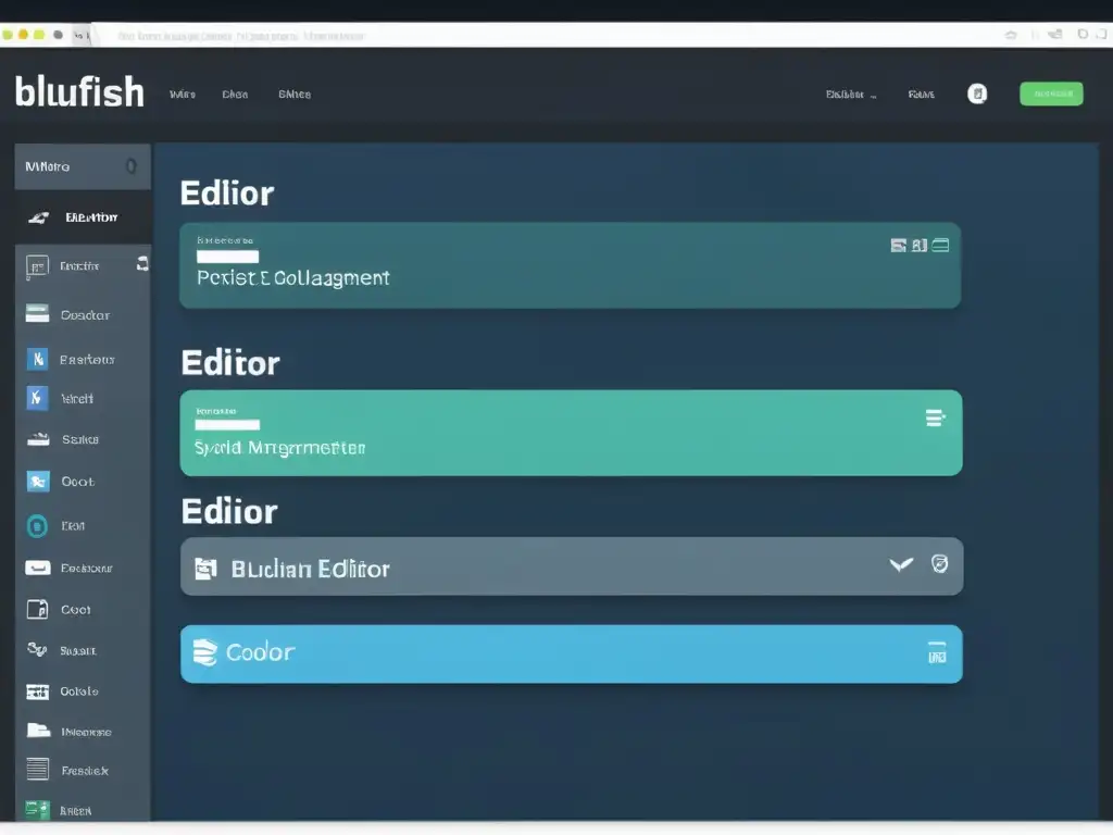 Interfaz de Editor Bluefish: Herramienta código abierto para desarrollo web y programación, con diseño moderno y elegante en alta resolución