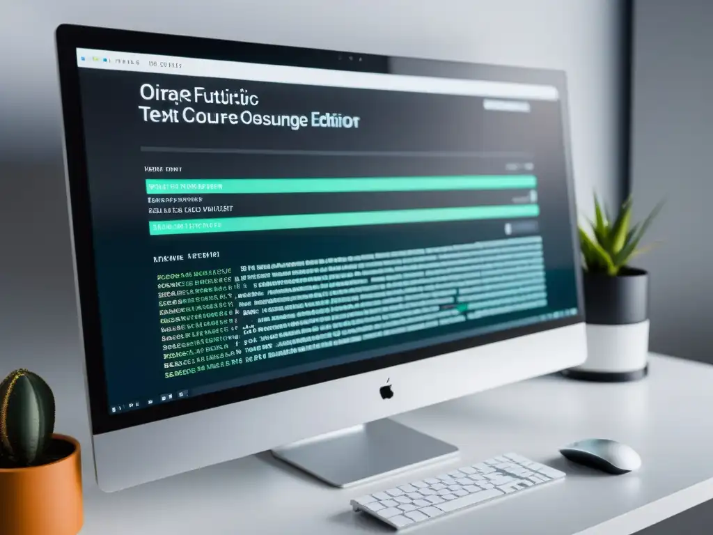 Interfaz de editor de texto open source futurista y minimalista en pantalla de alta resolución, en un entorno profesional inspirador
