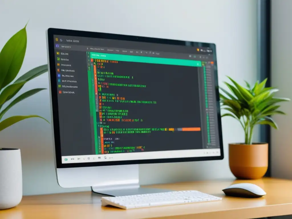 Una interfaz elegante de editor de código abierto en un monitor HD, con sintaxis colorida, en un entorno de trabajo profesional y acogedor