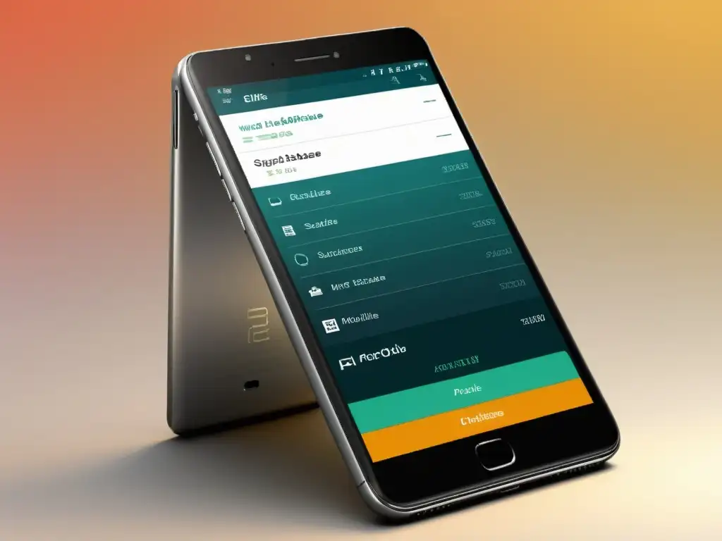 Interfaz elegante de aplicación móvil con estructura de base de datos SQLite para aplicaciones móviles, demostrando eficiencia y sofisticación