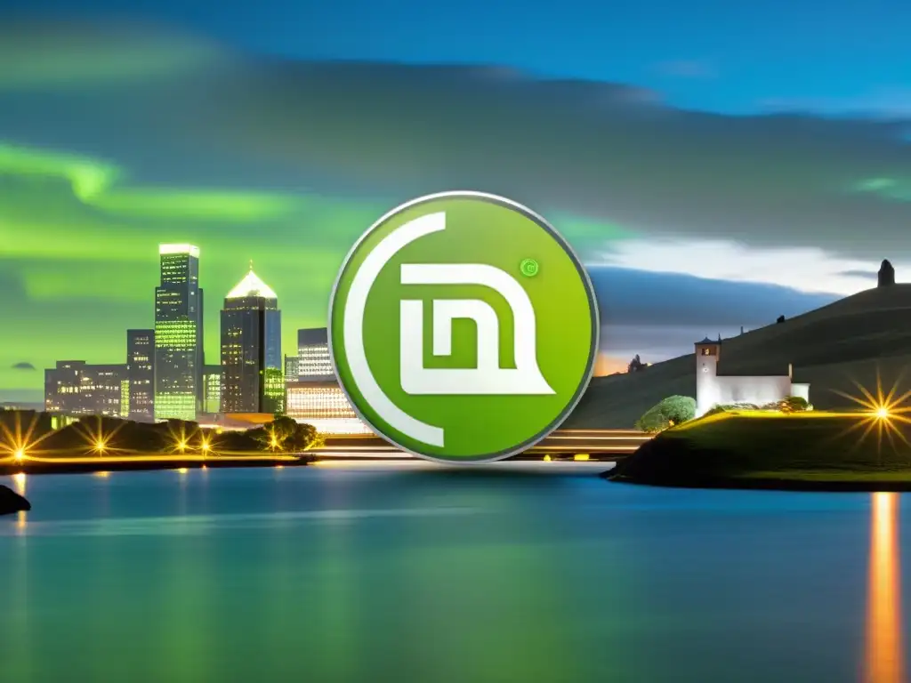 Interfaz de escritorio de Linux Mint para novatos en Unix: seguridad avanzada y diseño futurista de la ciudad