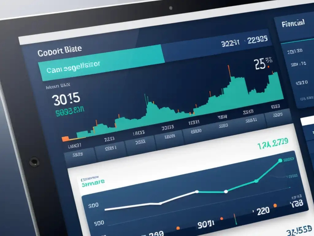 Interfaz financiera de software libre con gráficos dinámicos y datos en tiempo real, de estética moderna y sofisticada en tonos azul marino y blanco