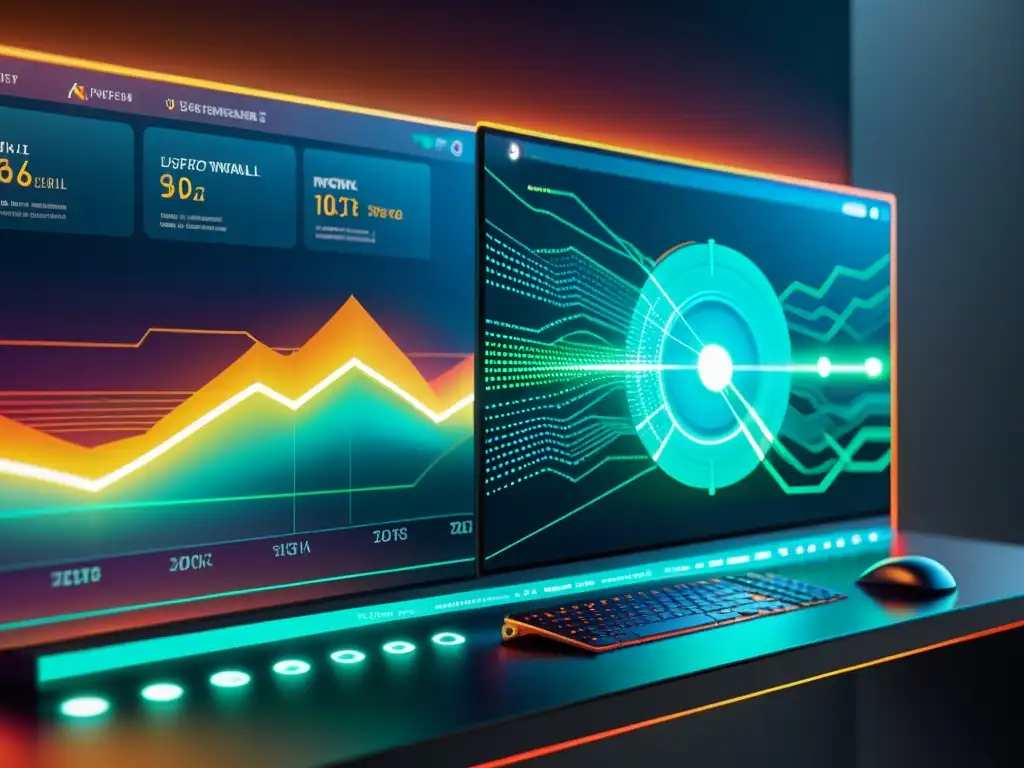 Interfaz de firewall moderno con vibrantes visualizaciones de datos y complejas rutas de red