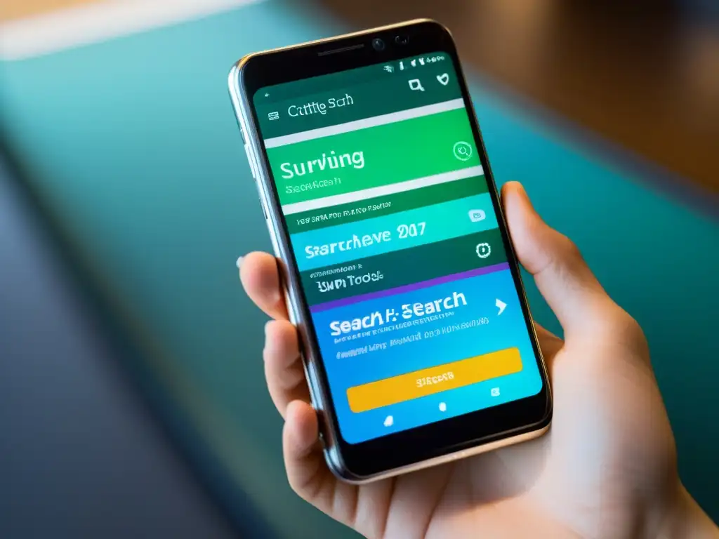 Interfaz futurista de búsqueda en smartphone, con resultados dinámicos, para bases de datos