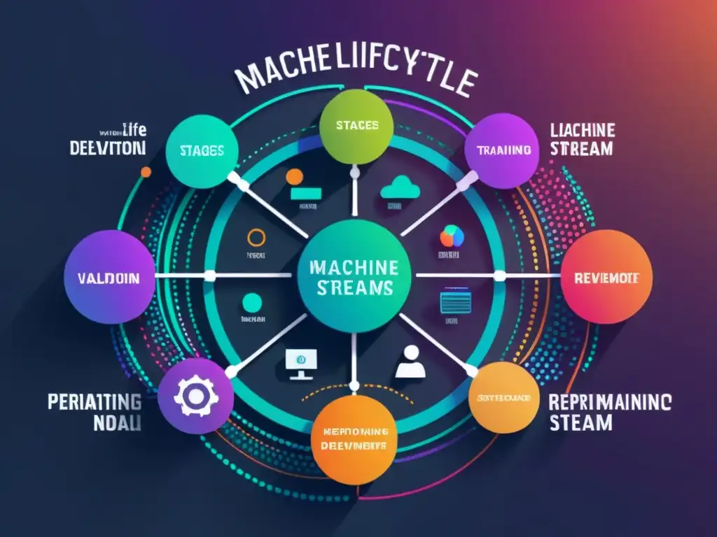 Interfaz futurista muestra ciclo de vida de modelos de aprendizaje automático, con datos coloridos y métricas en tiempo real