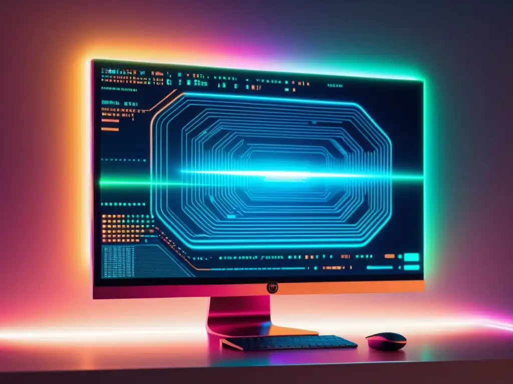 Interfaz futurista de codificación con gráficos vibrantes y suave brillo neón, evolución del software de código abierto