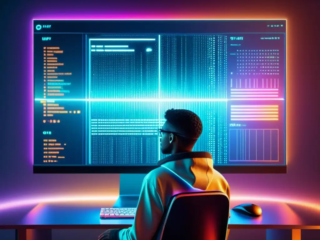 Interfaz futurista de código abierto para IA Interfaz futurista de código abierto para herramientas de inteligencia artificial, con colores vibrantes y algoritmos innovadores
