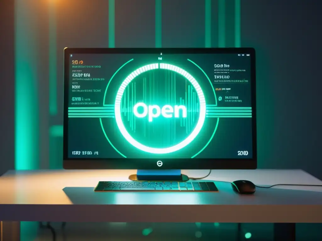 Interfaz futurista de código en GitHub, con colores vibrantes y halo de luz, reflejando el rol de GitHub en código abierto
