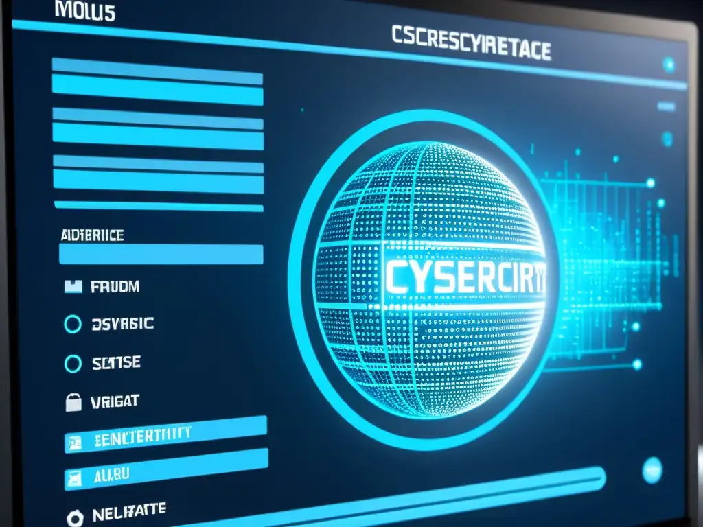 Interfaz futurista de computadora con códigos y herramientas de ciberseguridad, actualizando software