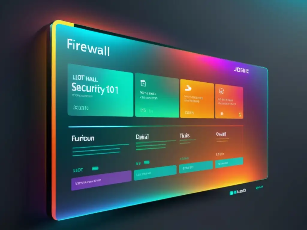 Interfaz futurista de firewall de código abierto IoT con visualizaciones de datos y algoritmos de seguridad en una pantalla transparente